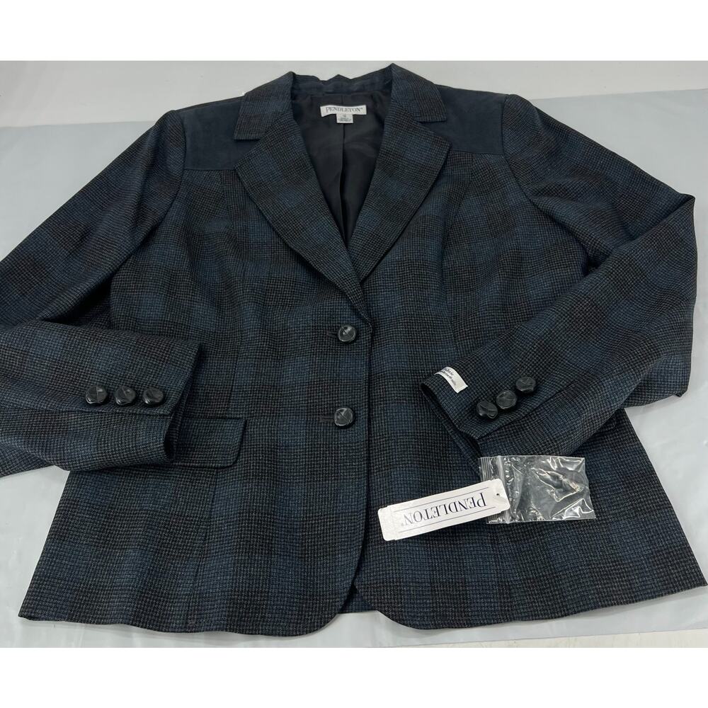 Pendleton Blazer Jacket Womens 12 Collar Plaid Virgin Wool Suede Coat Belt (C3)